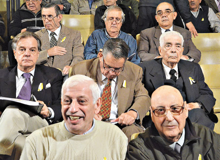 Torturadores argentinos con la escarapela que lleva los colores del Vaticano, celebrando a Francisco I