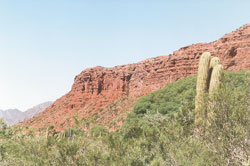 Los Colorados: monta&ntilde;as de intenso rojo contrastan con el trasl&uacute;cido celeste del cielo.