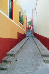 Estrechísimas callejuelas que suben y bajan y desembocan en arboladas plazoletas.