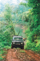 El asfalto qued&oacute; atr&aacute;s y la 4x4 avanza por el sendero de tierra roja abierto en la selva.