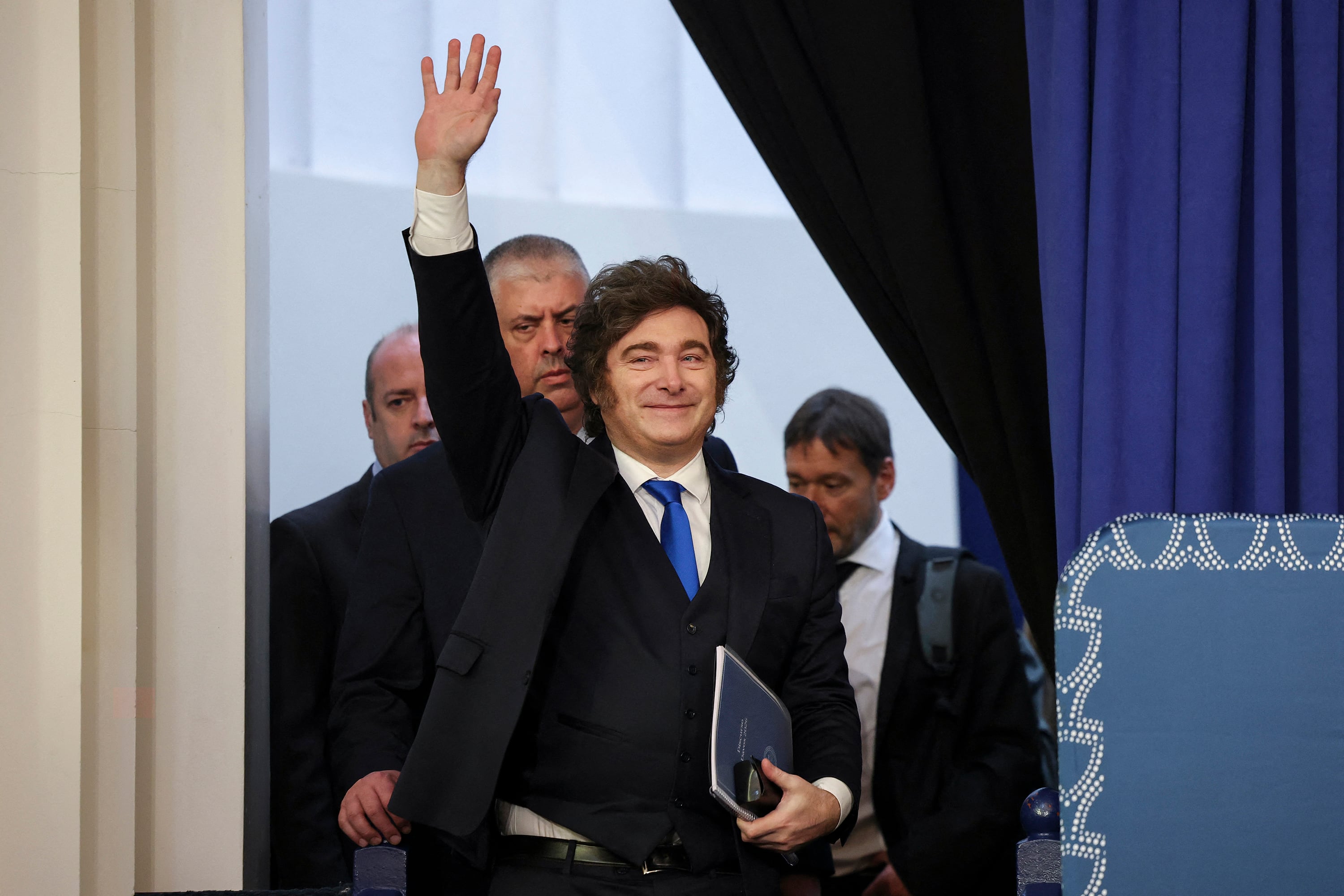 Argentina's President Javier Milei arrives to speak with Yeshiva University’s President Rabbi Dr. Ari Berman as part of the university’s “Great Conversations”