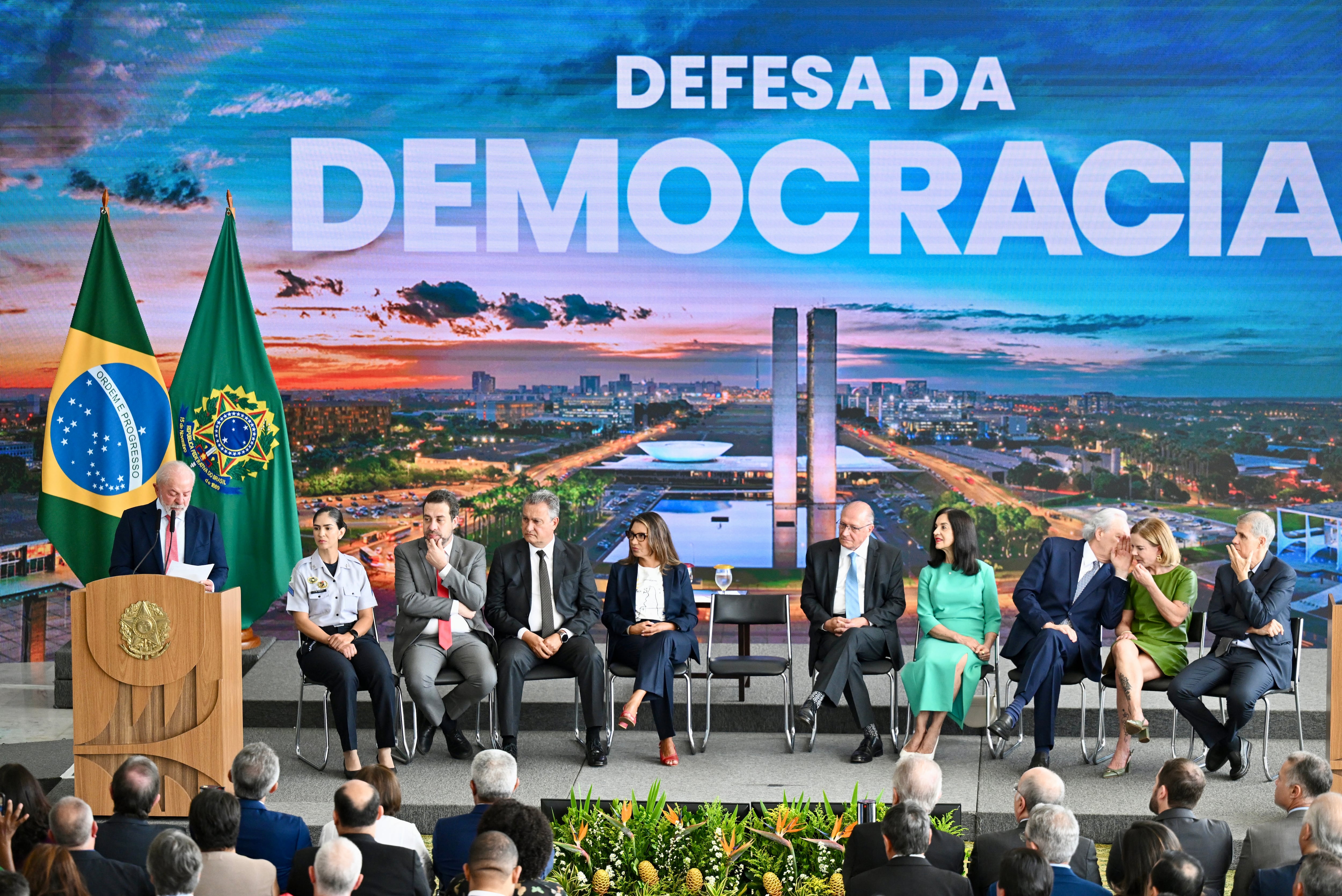 Brazil�s President Luiz Inacio Lula da Silva delivers a speech during the Ceremony in Defense of Democracy marking the third anniversary of the attempted coup d'�tat involving the invasion and destruction of buildings of the three branches of government, at the Planalto Palace in Bras�lia, on January 8, 2026. (Photo by Evaristo Sa / AFP)