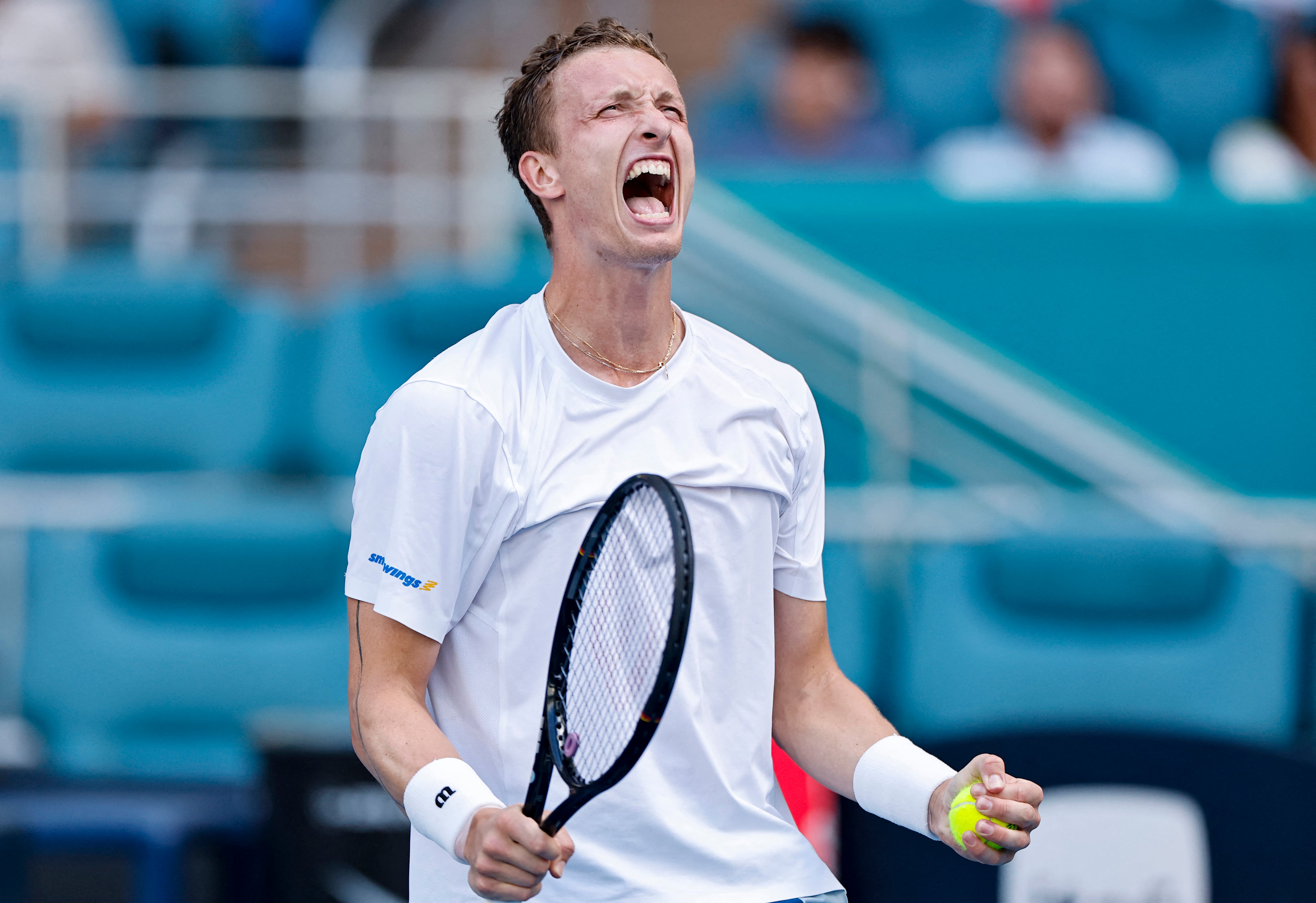 MIAMI GARDENS, FLORIDA - MARCH 27: Jiri Lehecka reacts to defeating Arthur Fils in the Men’s Semifinal match at Hard Rock Stadium on March 27, 2026 in Miami Gardens, Florida.   Carmen Mandato/Getty Images/AFP (Photo by Carmen Mandato / GETTY IMAGES NORTH AMERICA / Getty Images via AFP)