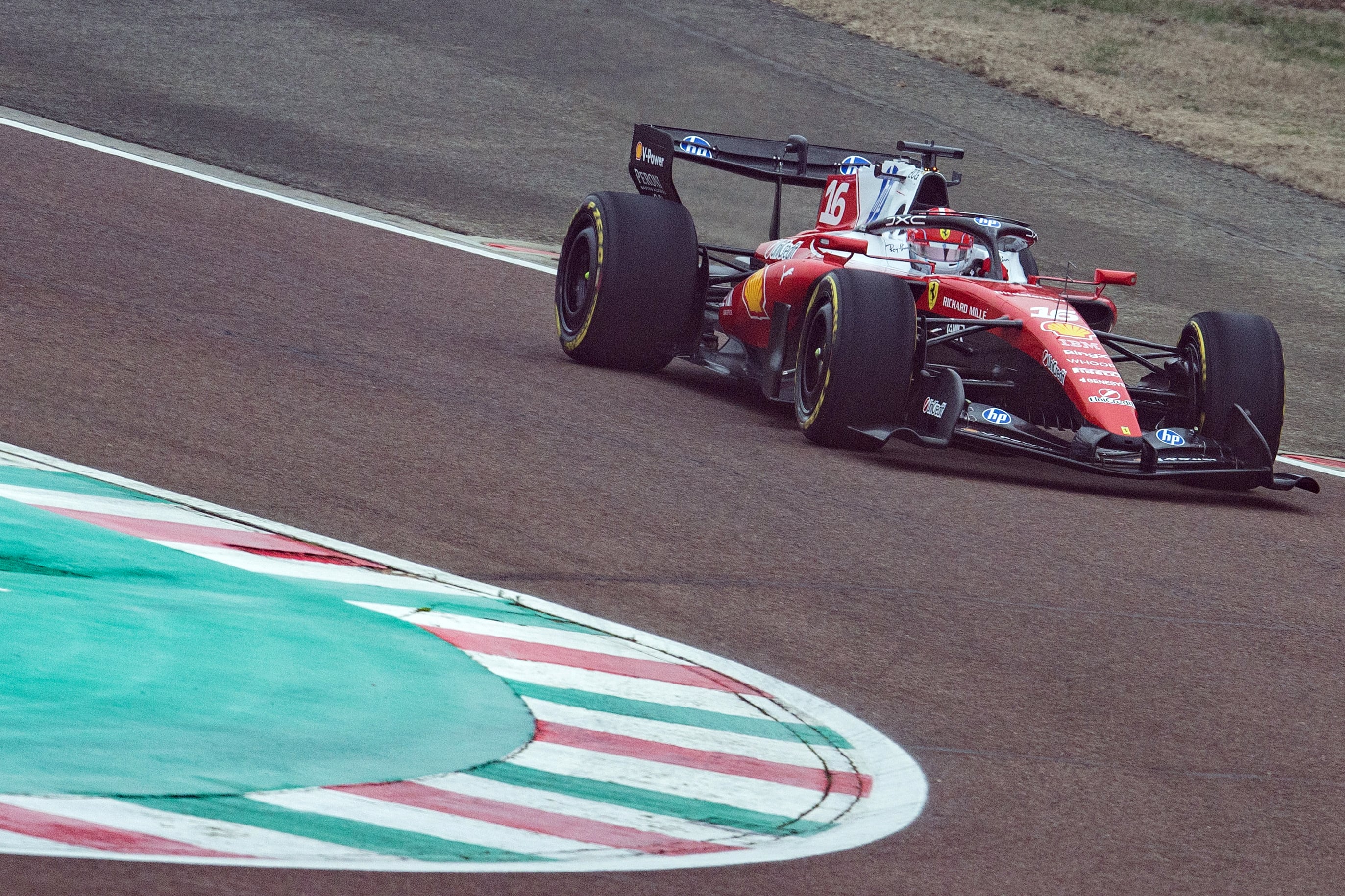 Monaco's Charles Leclerc (16) steers the new Formula 1 Ferrari SF-26 during tests at the Fiorano Circuit in Fiorano Modenese, on January 23, 2026. (Photo by Federico SCOPPA / AFP)