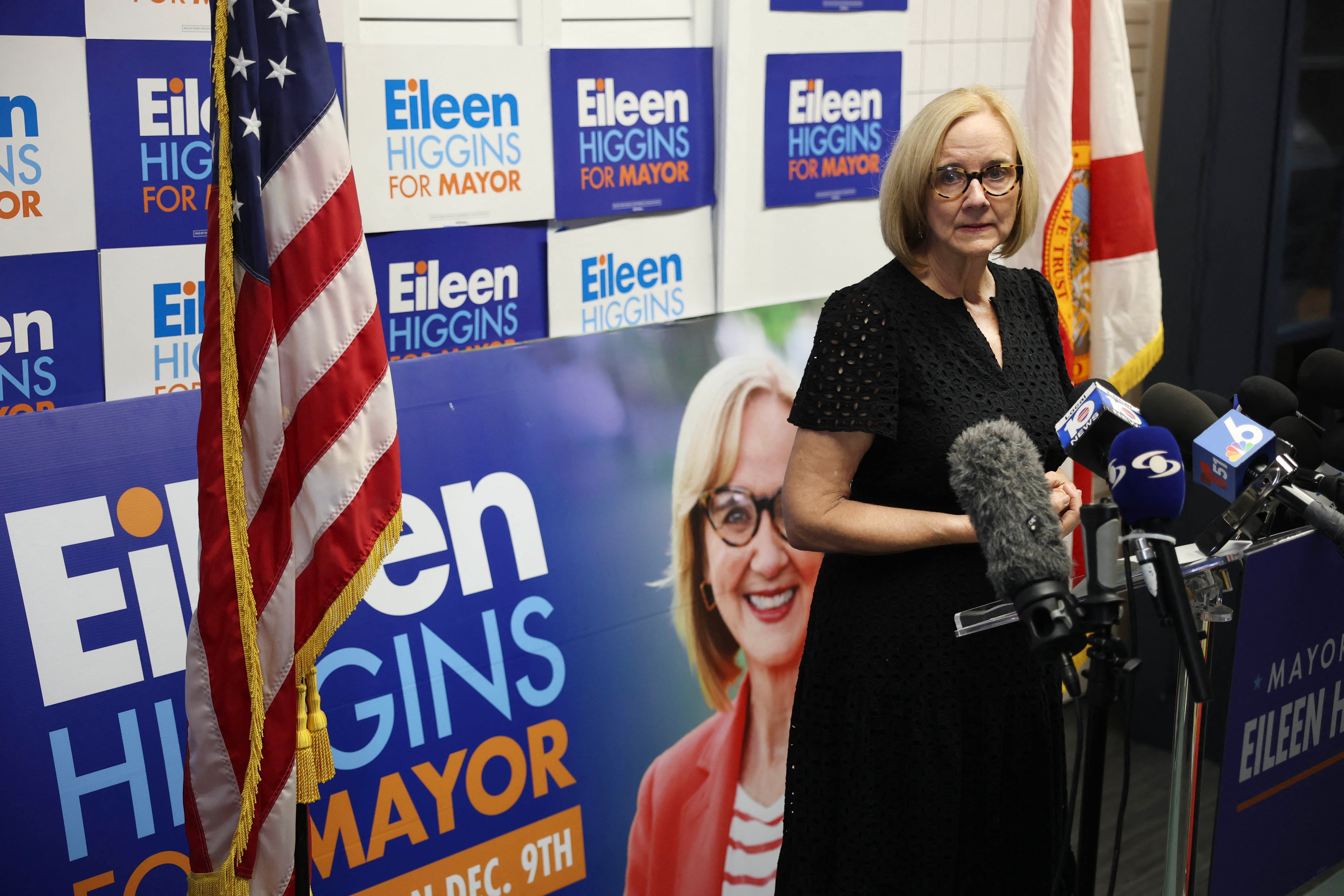 MIAMI, FLORIDA - DECEMBER 10: Miami Mayor-elect Eileen Higgins holds a press conference the day after winning the mayoral seat on December 10, 2025 in Miami, Florida. Higgins, a Democrat, beat her Republican challenger Emilio González, a former city manager endorsed by President Donald Trump, in a runoff election. The position of Mayor for the City of Miami is officially nonpartisan. Joe Raedle/Getty Images/AFP (Photo by JOE RAEDLE / GETTY IMAGES NORTH AMERICA / Getty Images via AFP)