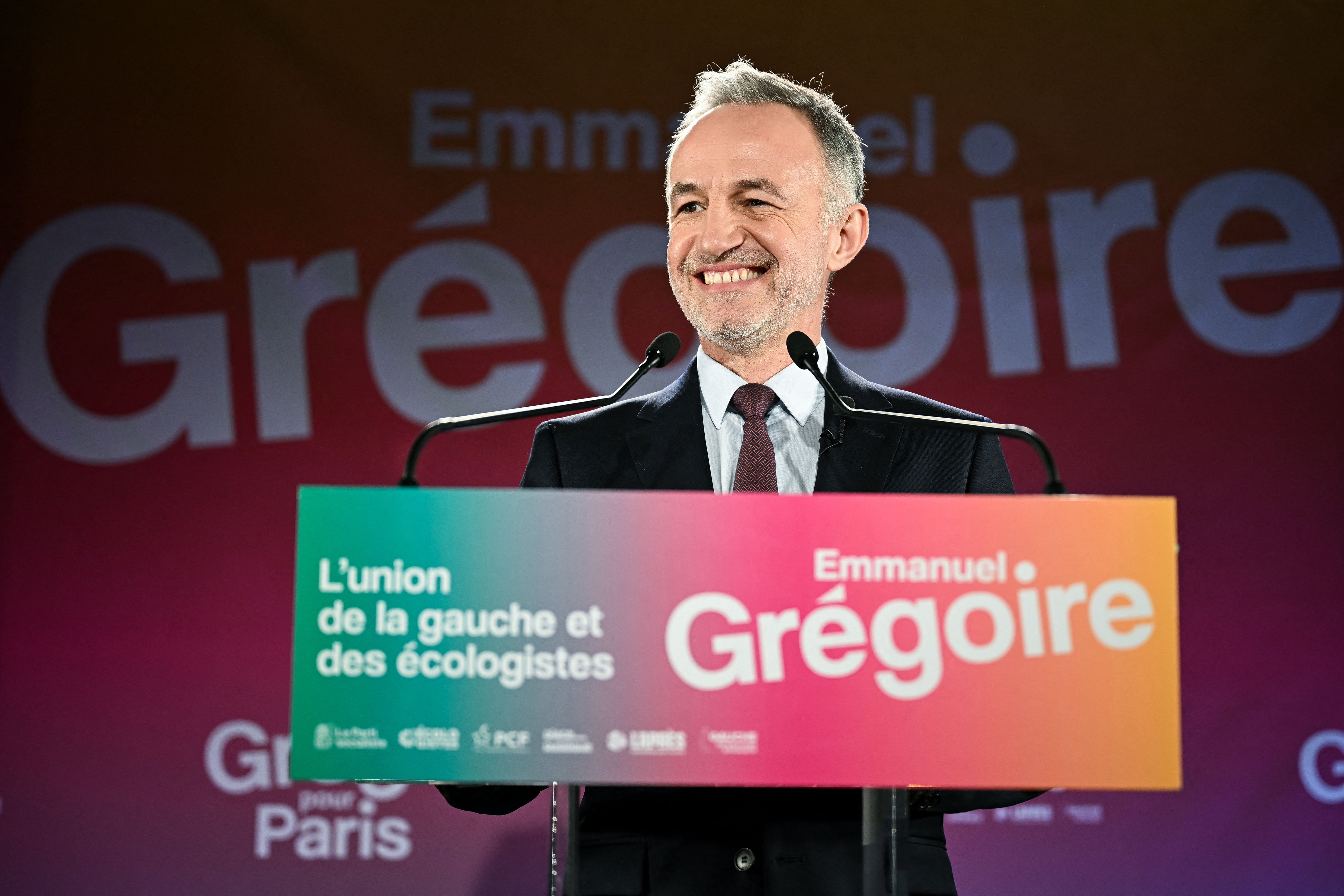 Socialist party (PS) mayoral candidate in Paris, Emmanuel Gregoire delivers a speech following the results of the first round of France's 2026 municipal elections in Paris on March 15, 2026. (Photo by Bertrand GUAY / AFP)