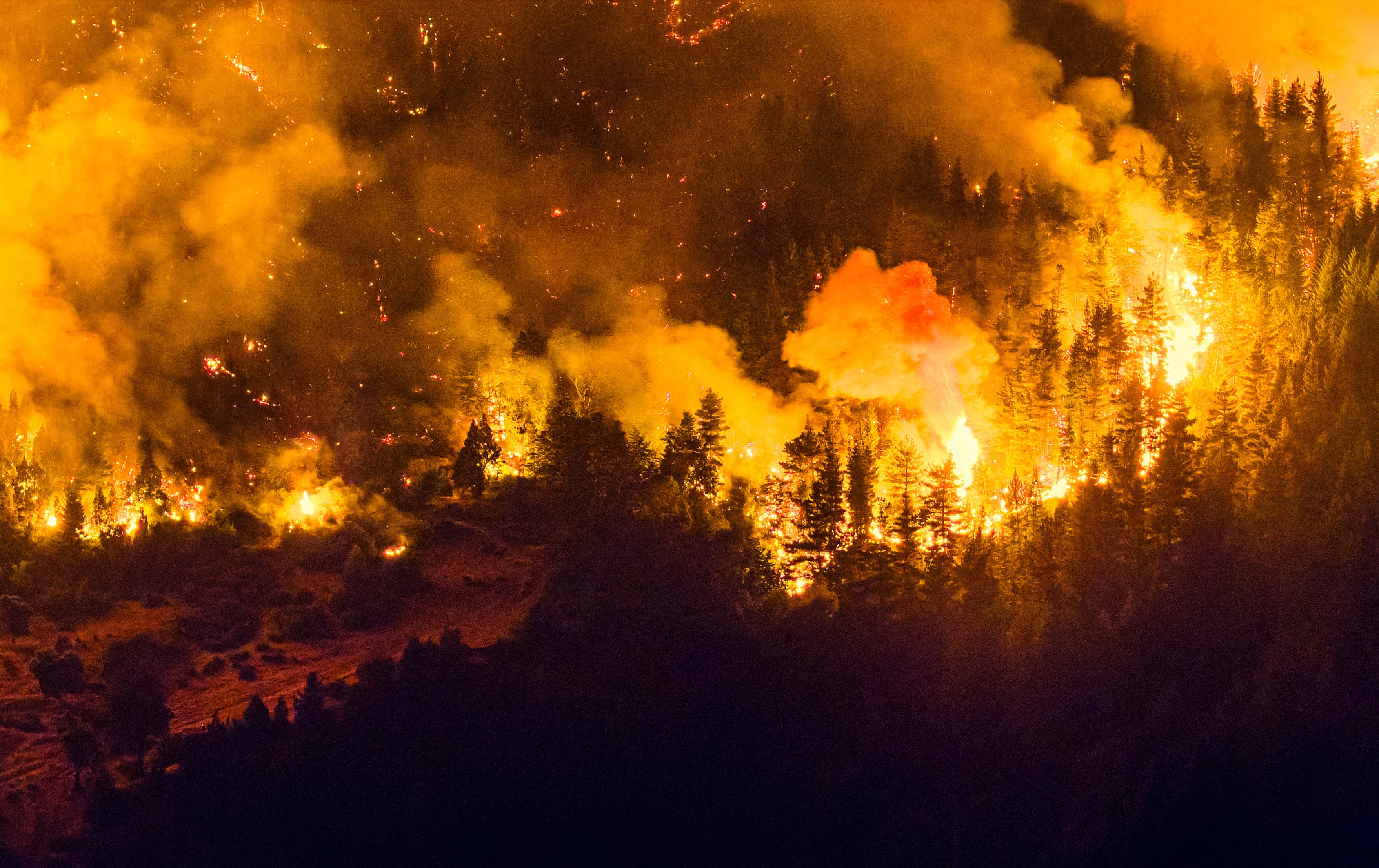 A forest fire is pictured engulfing Mount Pirque at El Hoyo, in the Patagonian region of Chubut province, Argentina on January 7, 2026. Thousands of hectares of forest were devastated by fire on January 6, in Argentine Patagonia, where a red alert is in effect due to extreme conditions, one year after the region experienced its worst wildfires in three decades. (Photo by Martin LEVICOY / AFP)