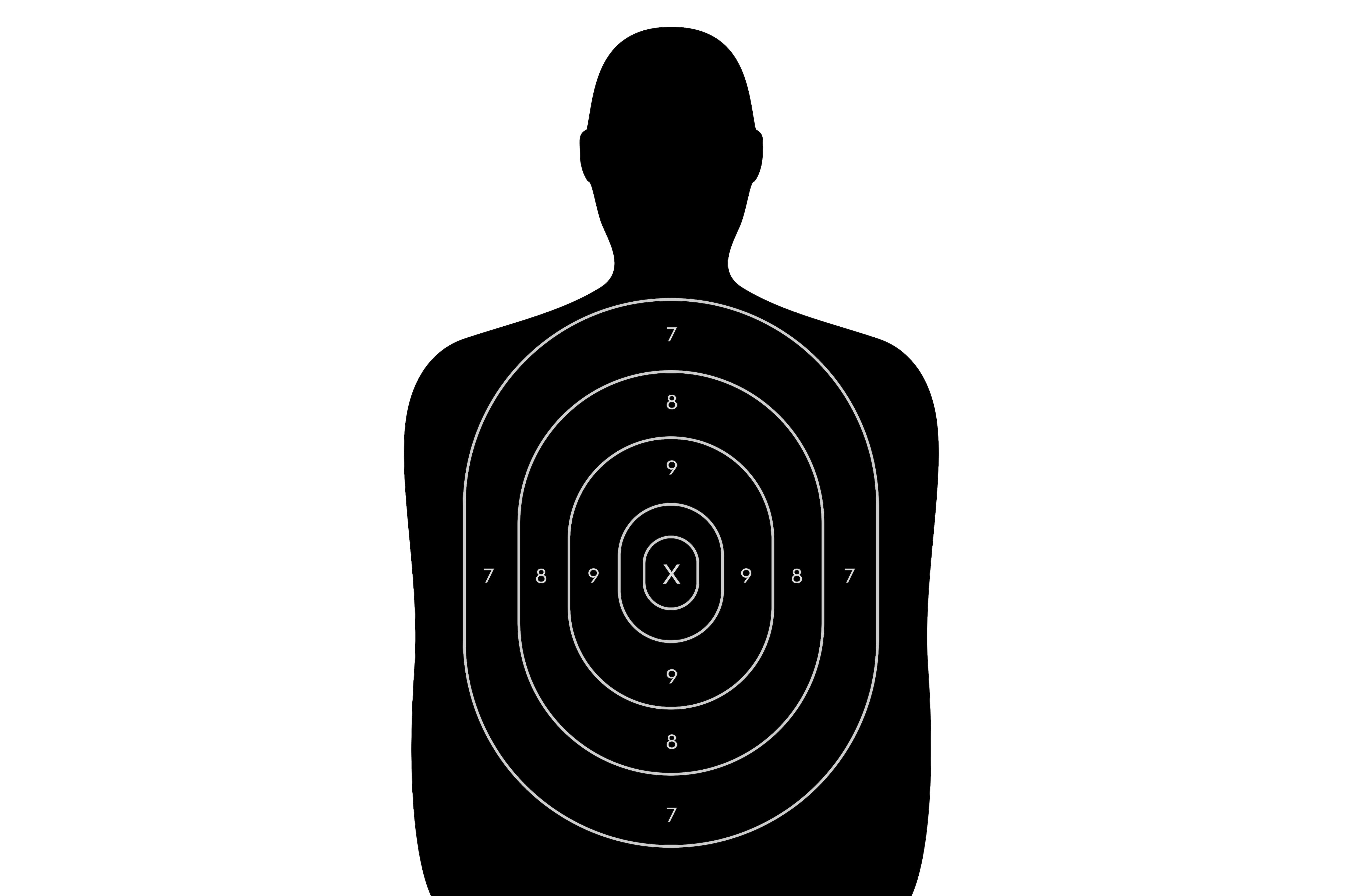 Objetivo de campo de disparo de armas con forma de humano, en blanco sin agujero de bala. Aislado sobre un fondo blanco con trazado de recortes.