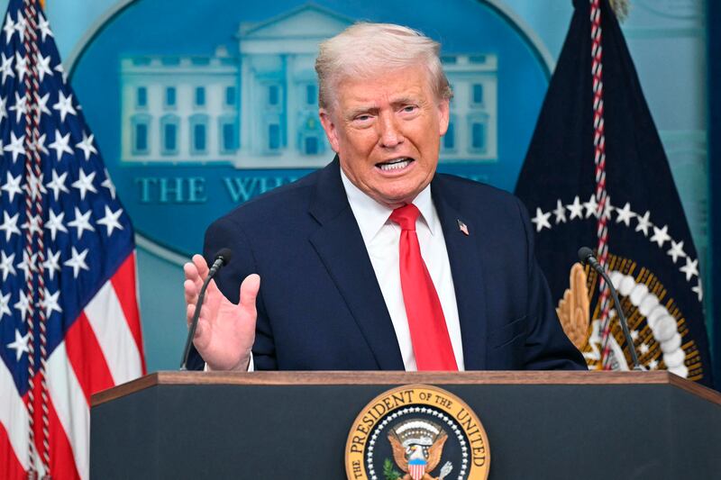 US President Donald Trump speaks during a briefing in the Brady Briefing Room of the White House in Washington, DC, on January 20, 2026. US President Donald Trump on Tuesday expressed frustration that his message on the economy was "not getting across," blaming his spokespeople for the issue. (Photo by SAUL LOEB / AFP)