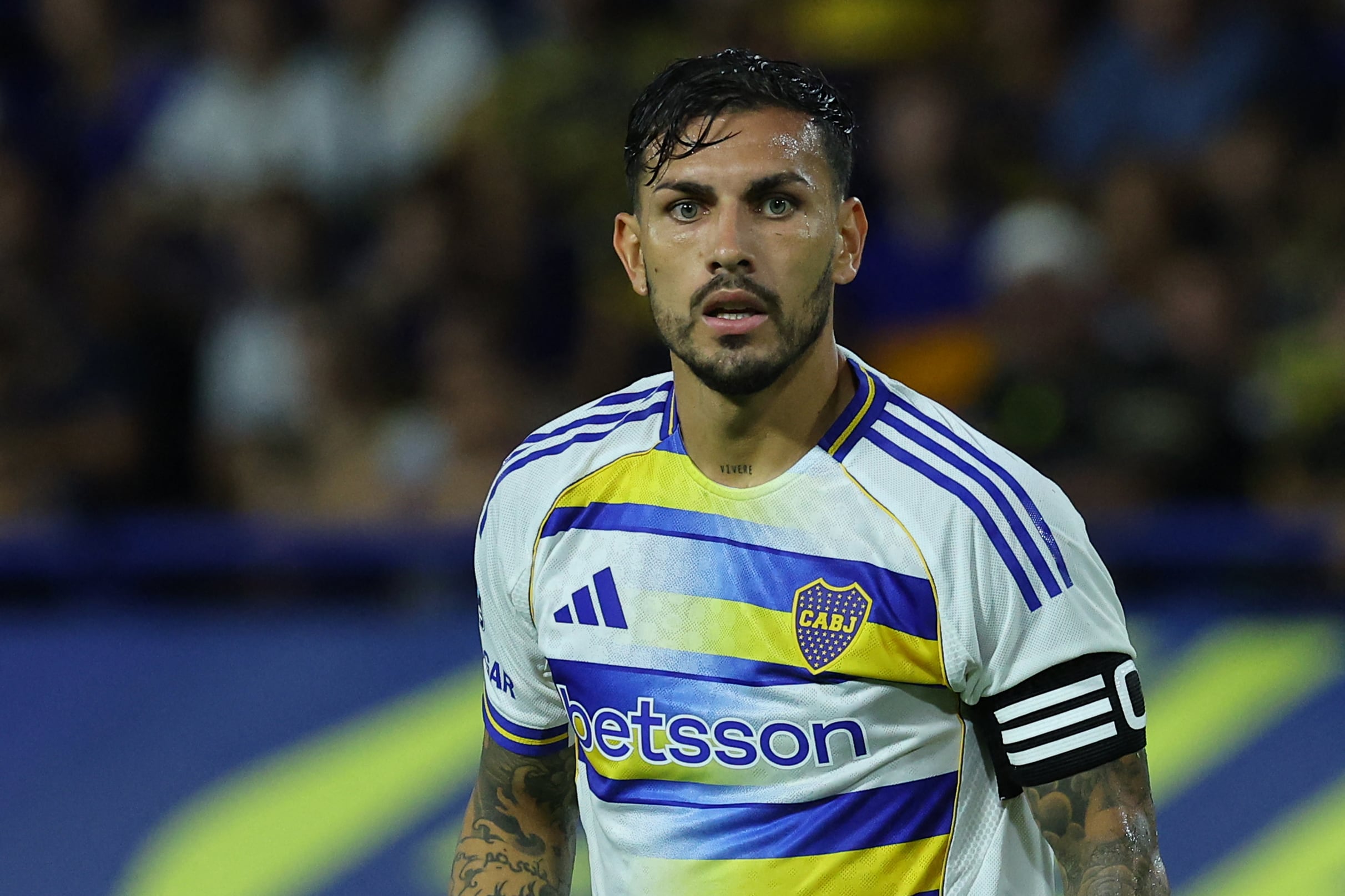 Boca Juniors' midfielder #05 Leandro Paredes looks on during the Argentine Professional Football League 2026 Apertura Tournament match between Boca Juniors and Platense at La Bombonera Stadium in Buenos Aires on February 15, 2026. (Photo by ALEJANDRO PAGNI / AFP)