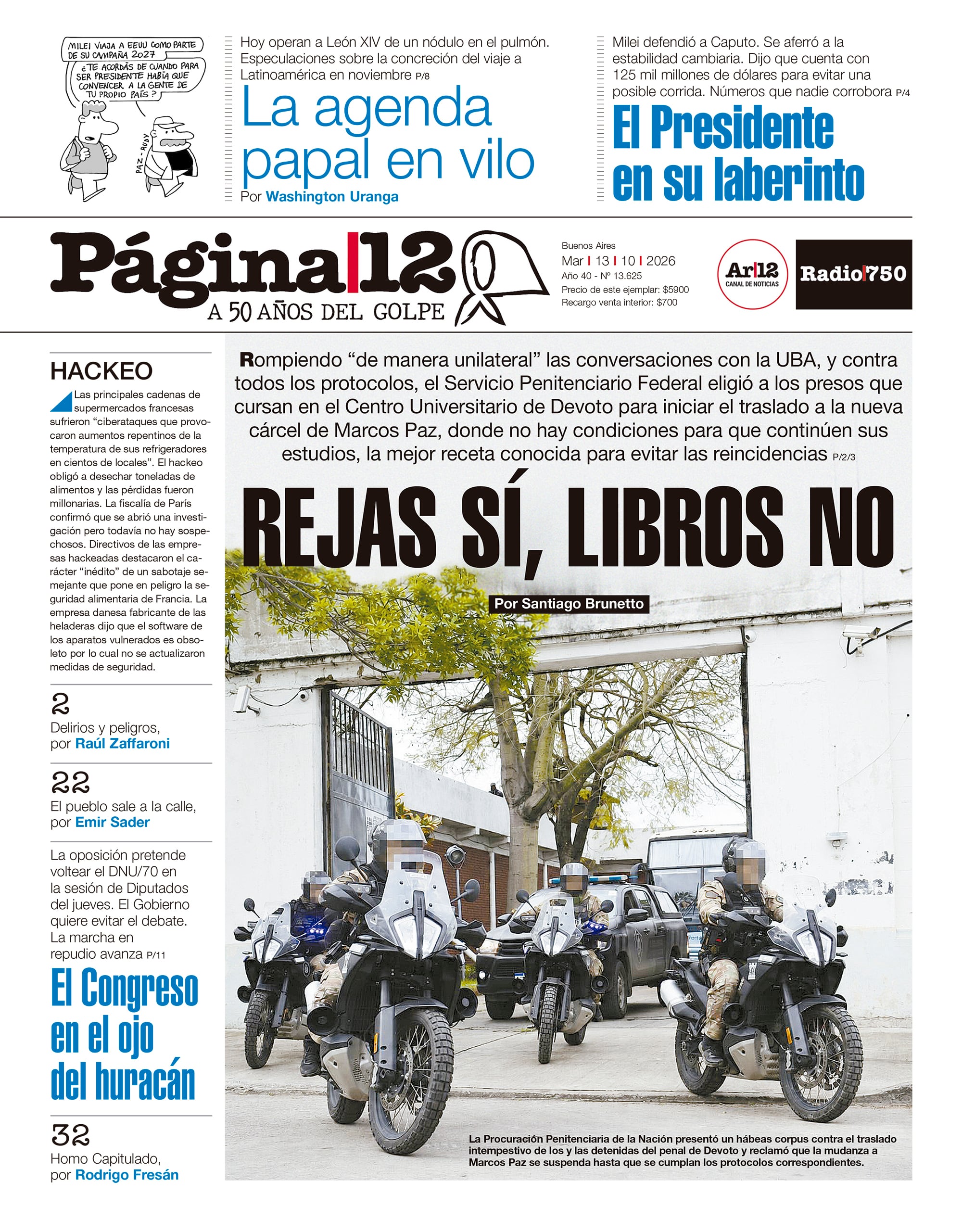 Tapa del diario Página 12 del 13/10/2026