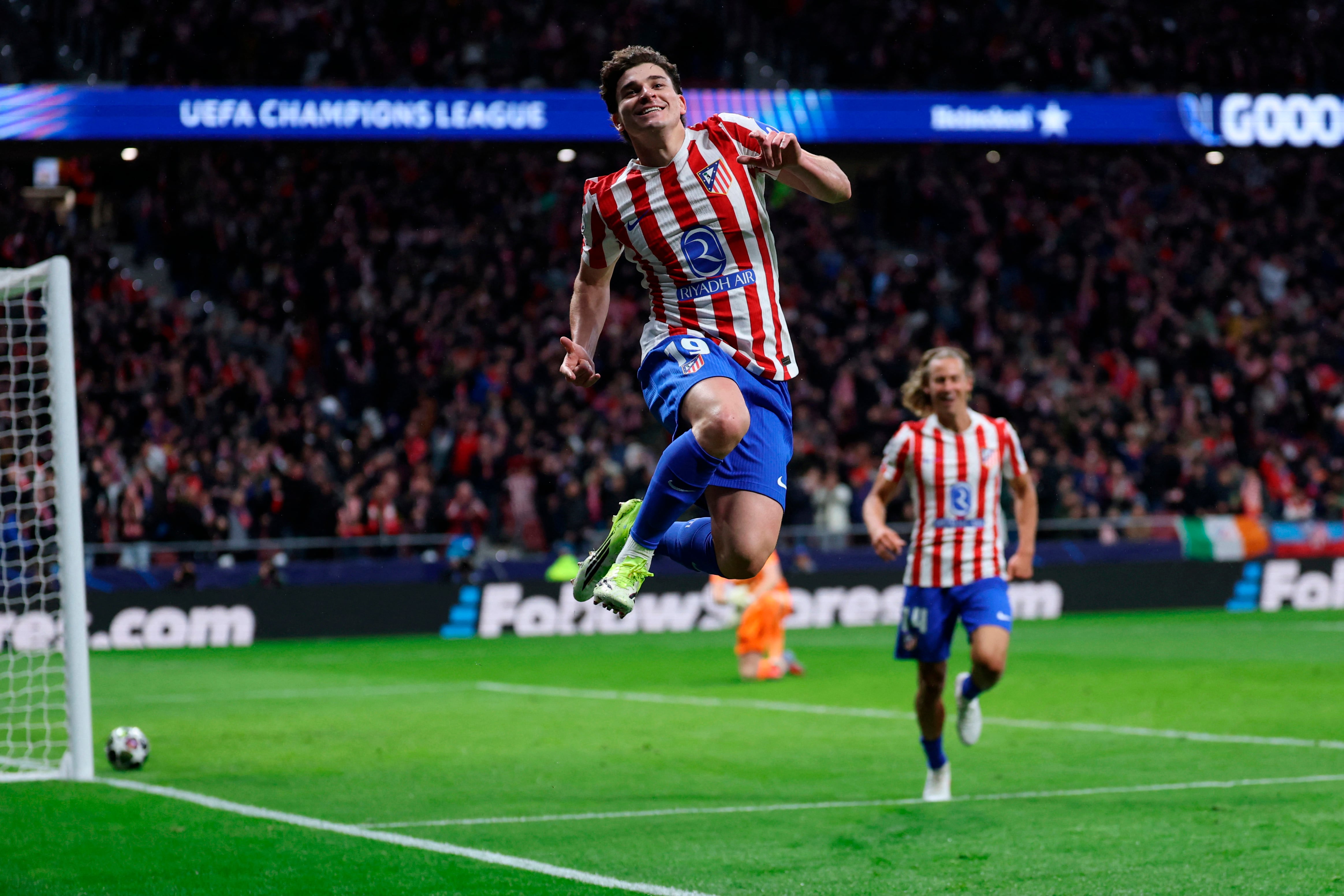 Atletico Madrid's Argentine forward #19 Julian Alvarez celebrates scoring his team's third goalduring the UEFA Champions League last 16 first leg football match between Club Atletico de Madrid and Tottenham Hotspur at Metropolitano Stadium in Madrid on March 10, 2026. (Photo by Thomas COEX / AFP)