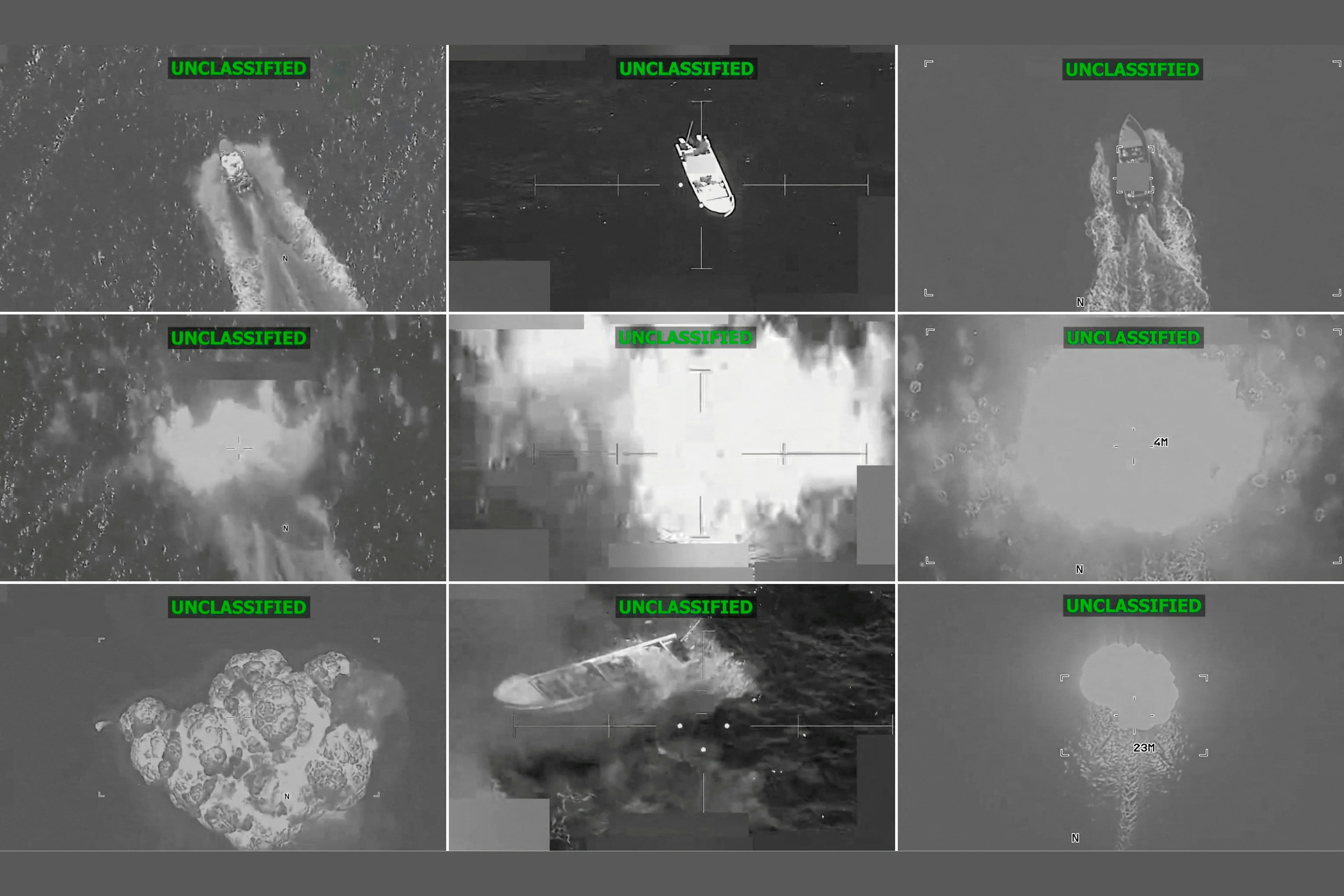 (COMBO) This combination screen grabs from a video posted by US Southern Command (Southcom) X account on December 15, 2025 shows what the US military says are lethal strikes on three separate narco-trafficking vessels (top) as they get hit (middle and bottom) in the eastern Pacific Ocean on December 15, 2025. Strikes on three alleged narco-trafficking vessels in the eastern Pacific Ocean killed eight people on December 15, according to the US military, as part of an ongoing campaign that has ended more than 90 lives.
"Intelligence confirmed that the vessels were transiting along known narco-trafficking routes in the Eastern Pacific and were engaged in narco-trafficking," US Southern Command said in a post on X, adding that "a total of eight male narco-terrorists were killed during these actions—three in the first vessel, two in the second and three in the third."
The post includes video footage of three separate boats floating in water before they are each hit by strikes. (Photo by Handout / US Southern Command / AFP) / RESTRICTED TO EDITORIAL USE - MANDATORY CREDIT "AFP PHOTO / US SOUTHERN COMMAND'S X ACCOUNT / HANDOUT" - NO MARKETING NO ADVERTISING CAMPAIGNS - DISTRIBUTED AS A SERVICE TO CLIENTS