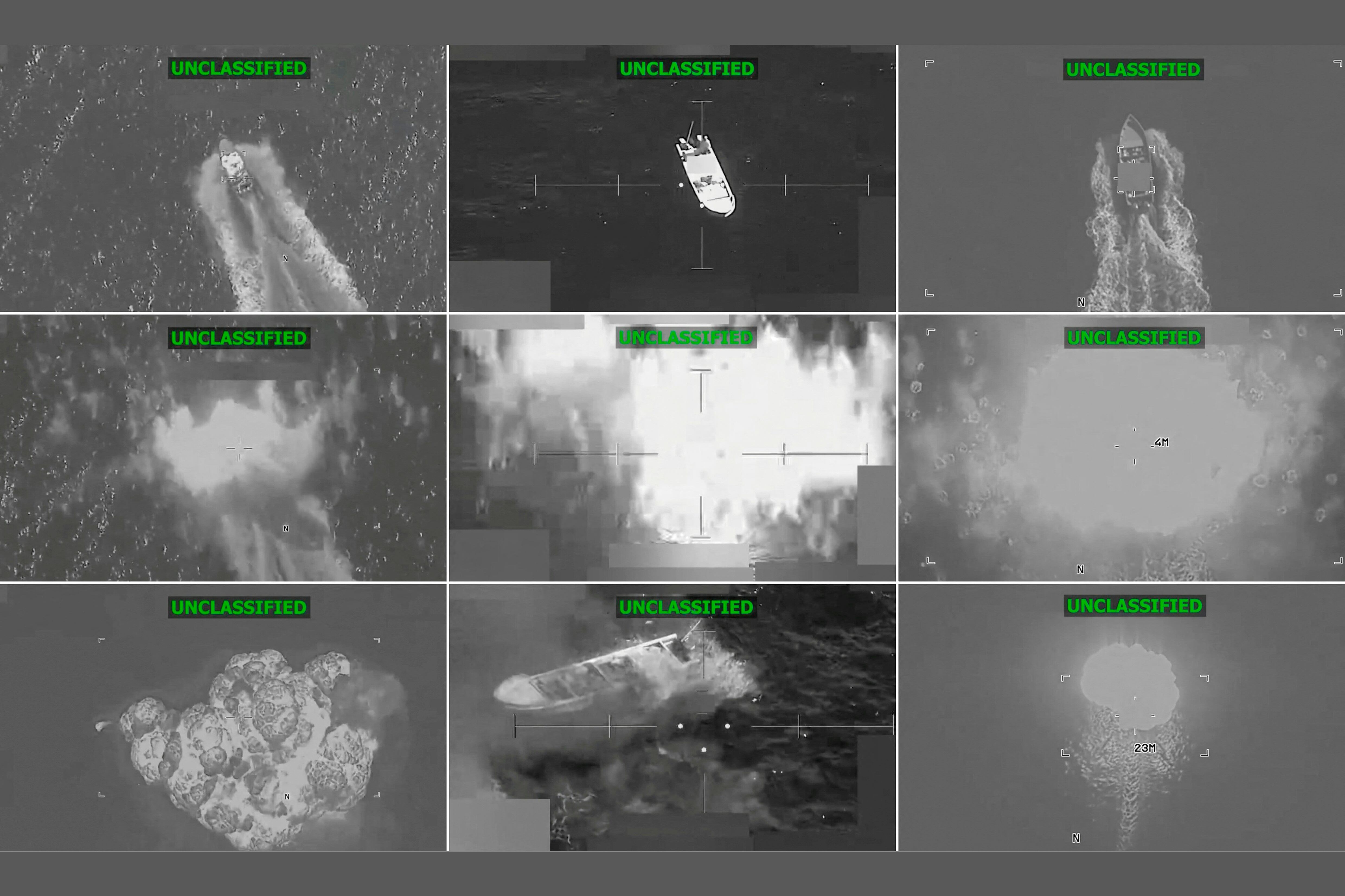 (COMBO) This combination screen grabs from a video posted by US Southern Command (Southcom) X account on December 15, 2025 shows what the US military says are lethal strikes on three separate narco-trafficking vessels (top) as they get hit (middle and bottom) in the eastern Pacific Ocean on December 15, 2025. Strikes on three alleged narco-trafficking vessels in the eastern Pacific Ocean killed eight people on December 15, according to the US military, as part of an ongoing campaign that has ended more than 90 lives.
"Intelligence confirmed that the vessels were transiting along known narco-trafficking routes in the Eastern Pacific and were engaged in narco-trafficking," US Southern Command said in a post on X, adding that "a total of eight male narco-terrorists were killed during these actions—three in the first vessel, two in the second and three in the third."
The post includes video footage of three separate boats floating in water before they are each hit by strikes. (Photo by Handout / US Southern Command / AFP) / RESTRICTED TO EDITORIAL USE - MANDATORY CREDIT "AFP PHOTO / US SOUTHERN COMMAND'S X ACCOUNT / HANDOUT" - NO MARKETING NO ADVERTISING CAMPAIGNS - DISTRIBUTED AS A SERVICE TO CLIENTS