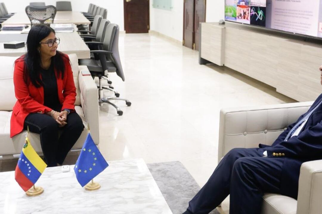 Delcy Rodríguez conversa con Enrique Iglesias, enviado de la UE.