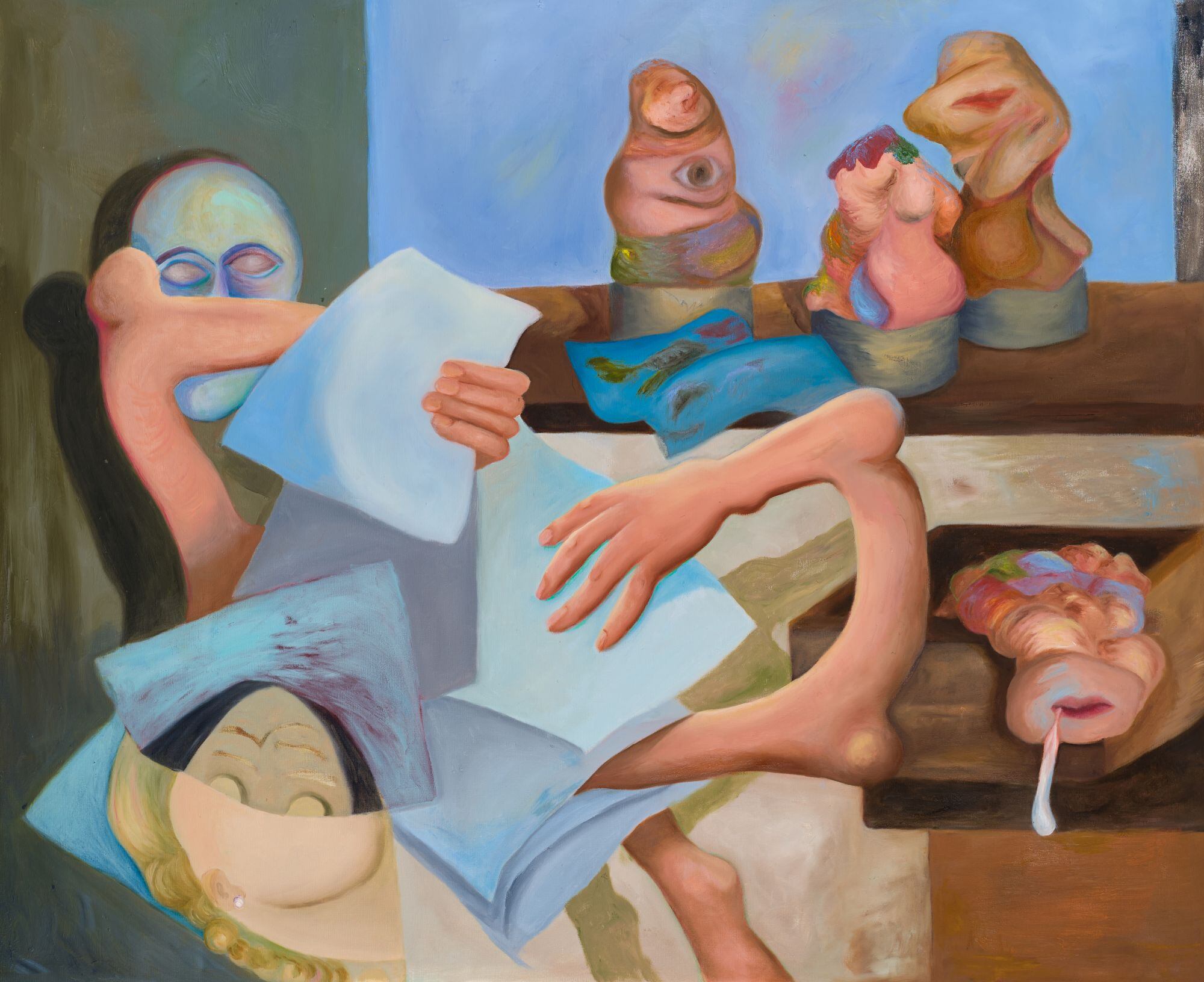 El conjunto de pinturas insisten sobre dos cosas: las formas del cuerpo y el trabajo de un artista. 