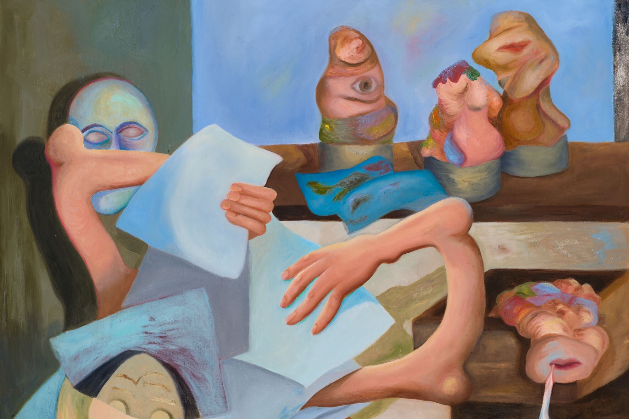 El conjunto de pinturas insisten sobre dos cosas: las formas del cuerpo y el trabajo de un artista.