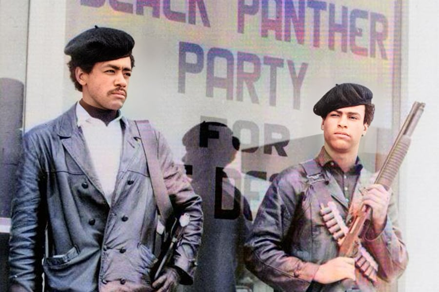 Bobby Seale y Huey Newton, fundadores del Black Panther Party en la puerta de uno de sus locales.