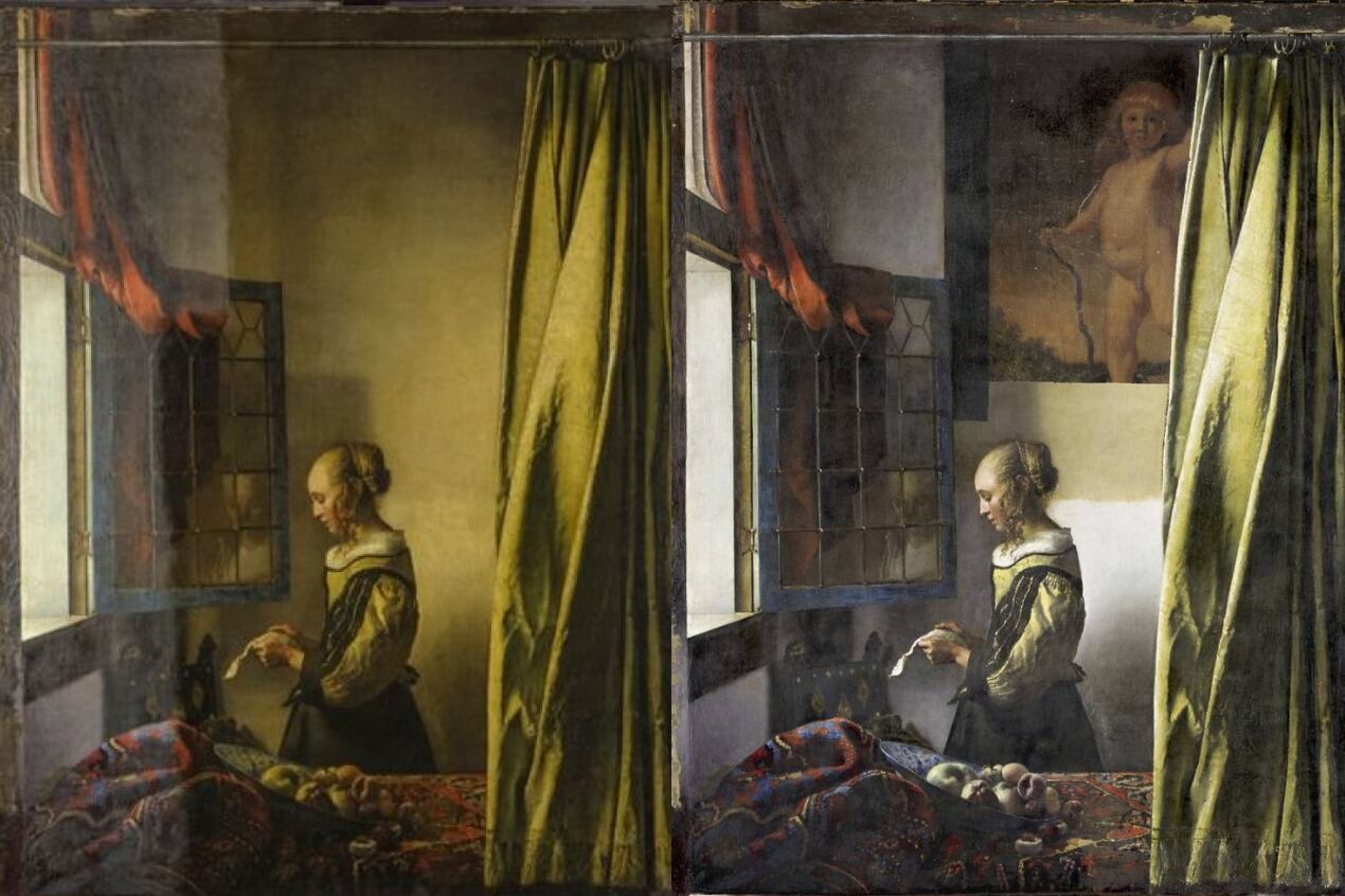 "Joven leyendo una carta frente a la ventana abierta", antes y después del proceso de restauración de la pintura.