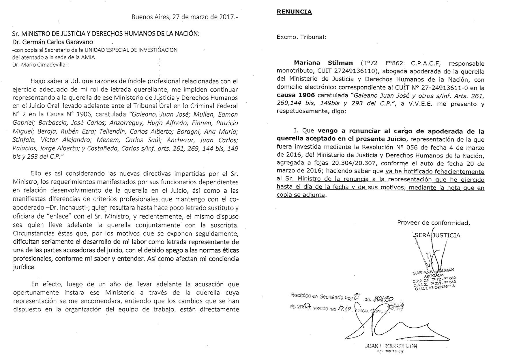 Facsímil de parte de la renuncia que Mariana Stilman presentará hoy en el juicio oral por encubrimiento.