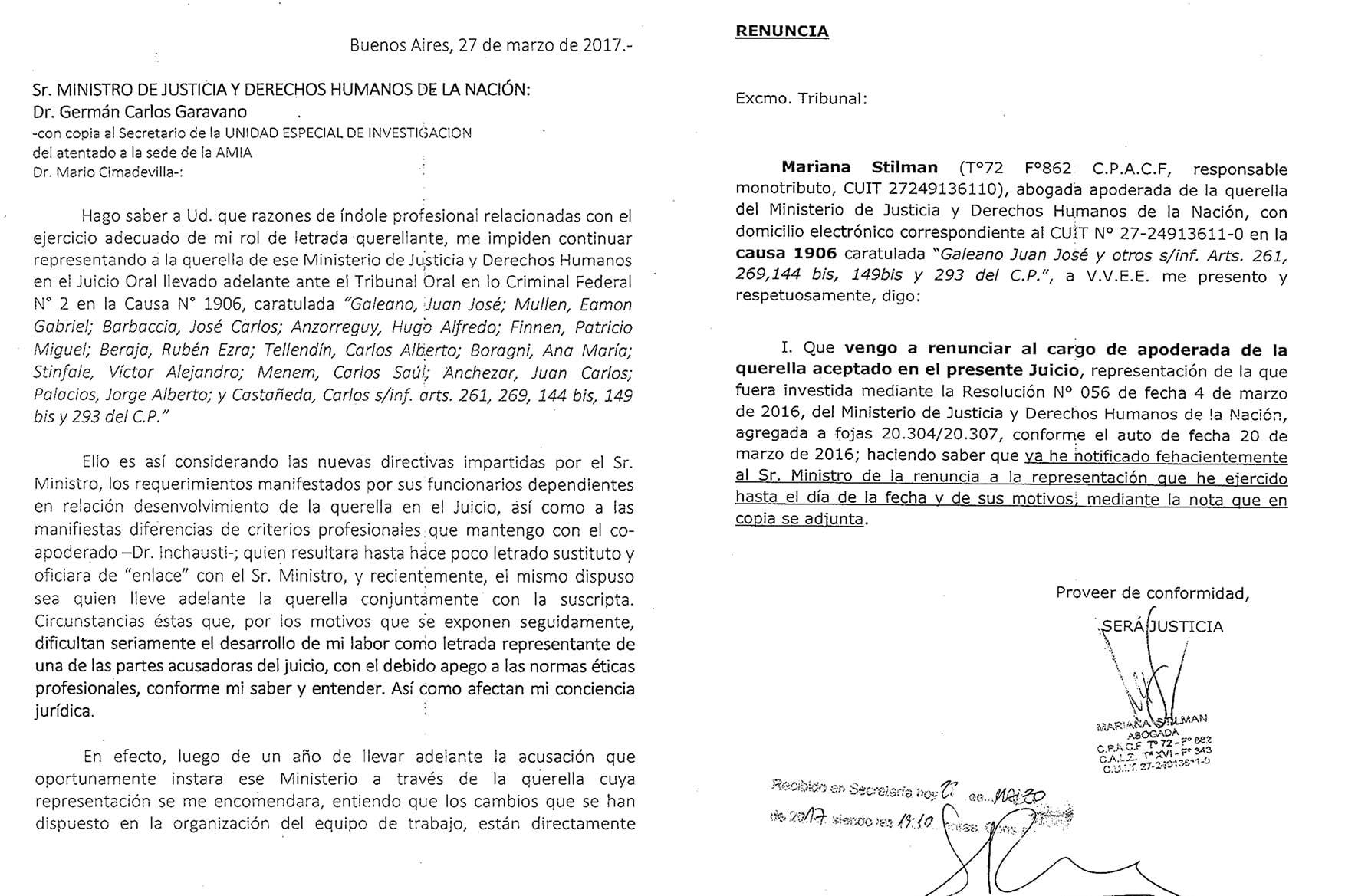 Facsímil de parte de la renuncia que Mariana Stilman presentará hoy en el juicio oral por encubrimiento.
