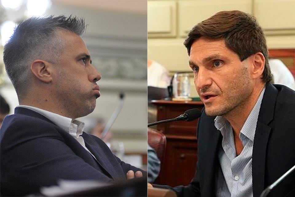 Los jefes de bancada del PJ, Leandro Busatto, y de la UCR, Maximiliano Pullaro.