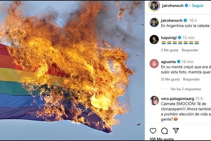 En noviembre del año pasado Jairo Henoch Guzmán, presidente de LLA en Santa Cruz, publicó una foto de una bandera lgbti en llamas