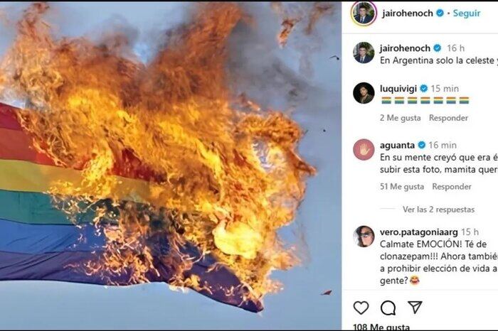 En noviembre del año pasado Jairo Henoch Guzmán, presidente de LLA en Santa Cruz, publicó una foto de una bandera lgbti en llamas