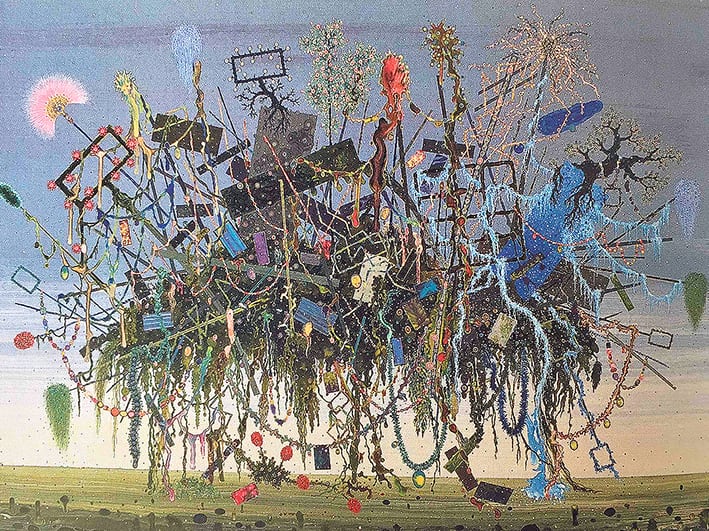 Escombros flotantes, 2006, de Marcelo Pombo. Esmalte sobre panel, 70 x 100 cm (detalle).