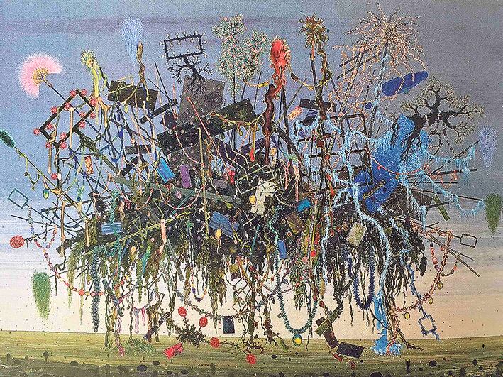 Escombros flotantes, 2006, de Marcelo Pombo. Esmalte sobre panel, 70 x 100 cm (detalle).