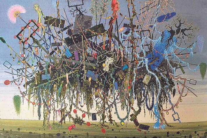 Escombros flotantes, 2006, de Marcelo Pombo. Esmalte sobre panel, 70 x 100 cm (detalle).