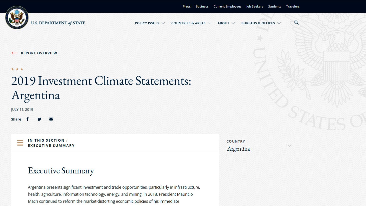 Portada del documento publicado por USDA: informe sobre clima de inversión en Argentina.