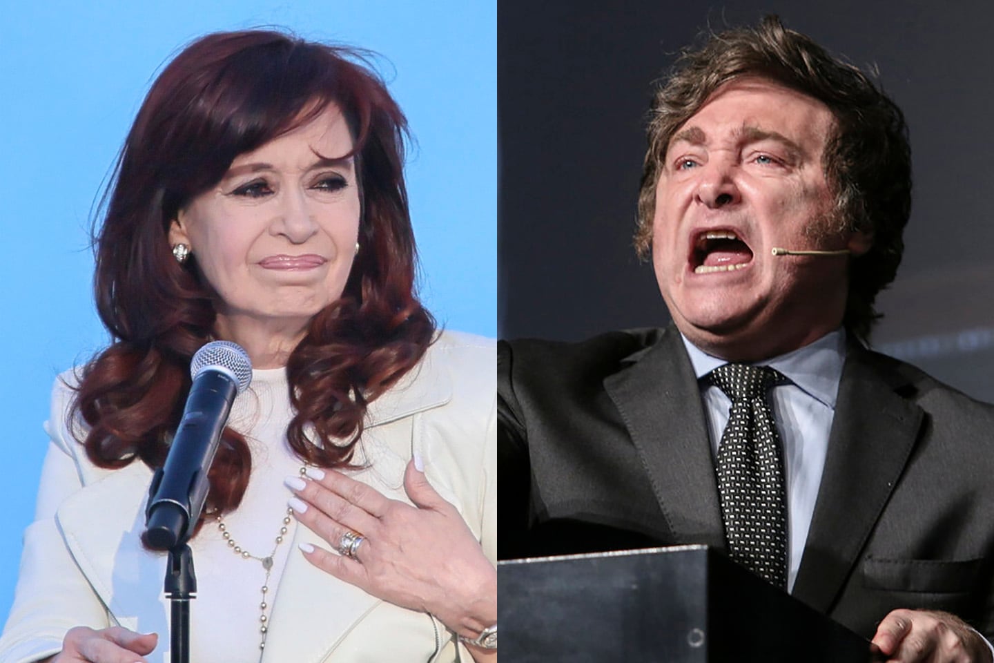 La expresidenta de la Nación, Cristina Fernández de Kirchner, y el actual mandatario, Javier Milei.