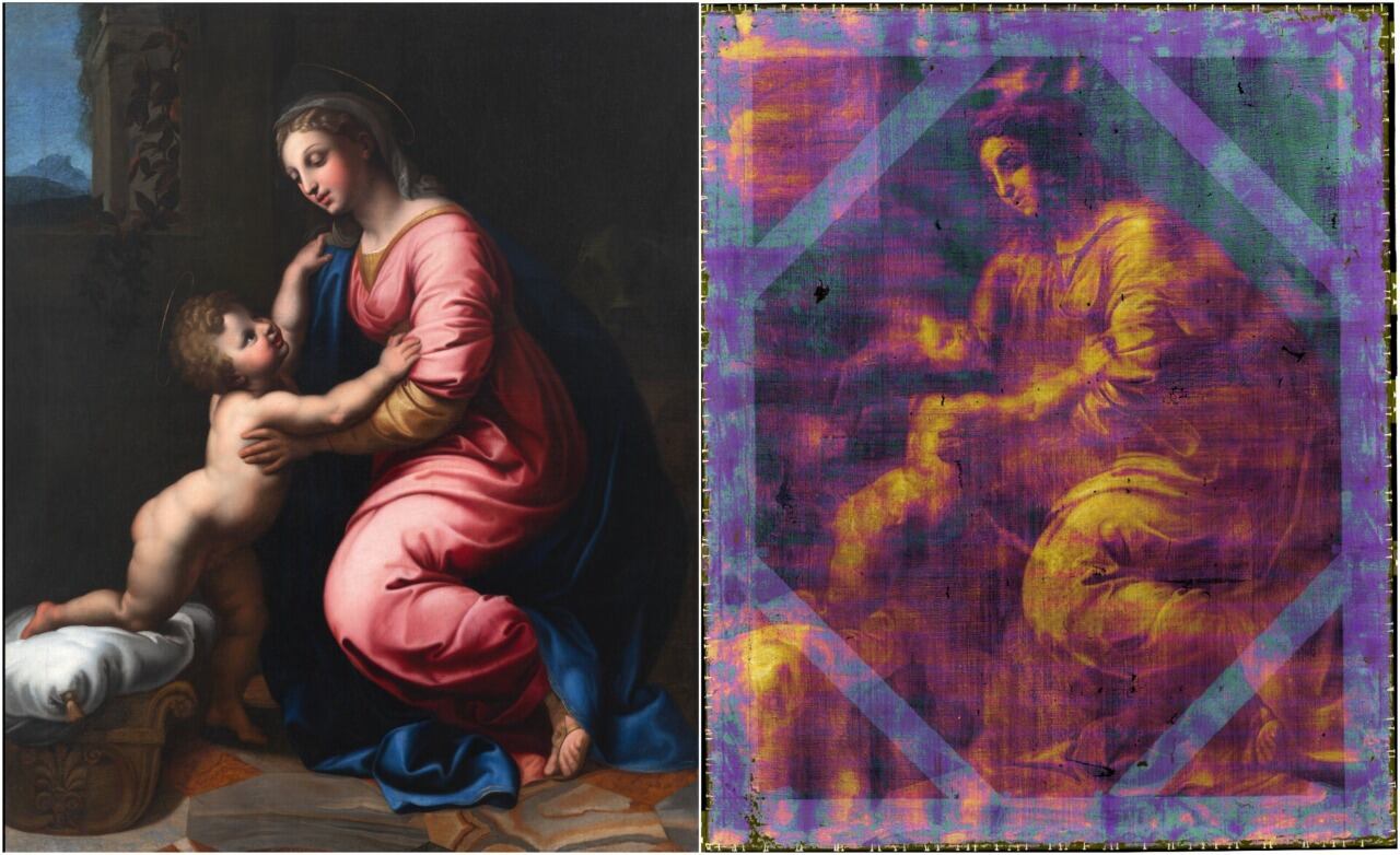 La obra de Rafael, a simple y vista y con el escaner que certificó su autoría. 