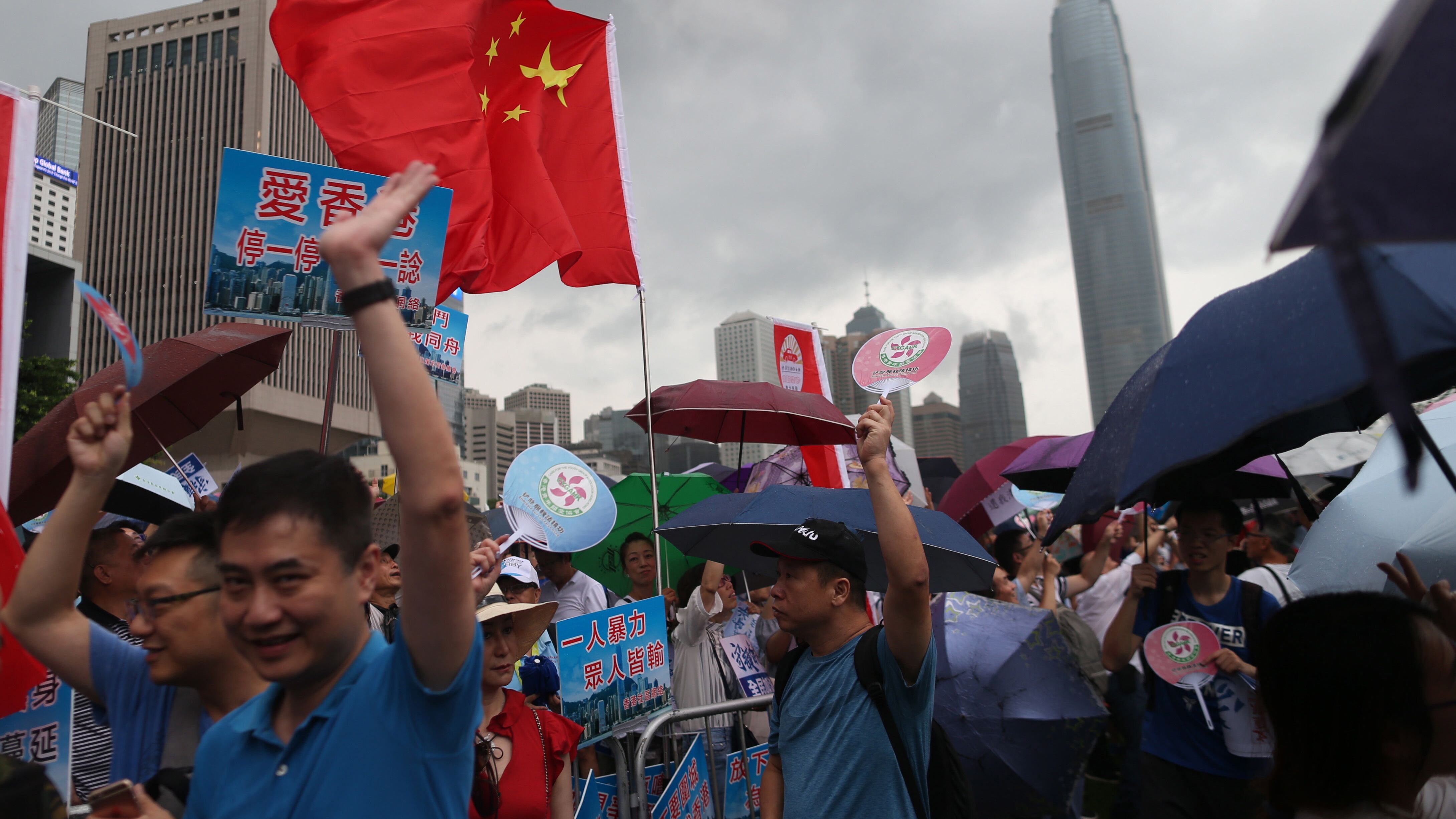 Marcha a favor del gobierno en Parque Tamar, Hong Kong