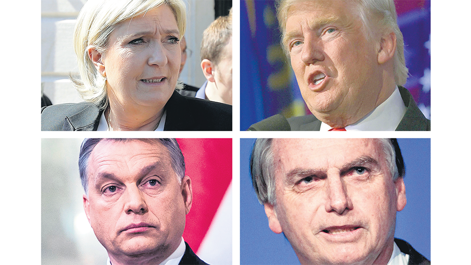 Arriba: la líder del Frente Nacional Marine Le Pen y el mandatario Donald Trump; abajo: el premier húngaro Viktor Orban y el presidente brasileño Bolsonaro.