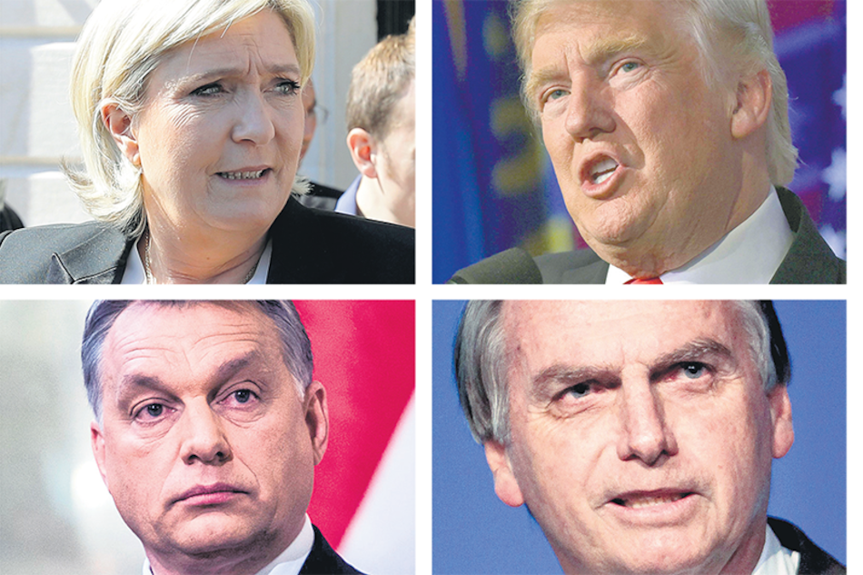 Arriba: la líder del Frente Nacional Marine Le Pen y el mandatario Donald Trump; abajo: el premier húngaro Viktor Orban y el presidente brasileño Bolsonaro.