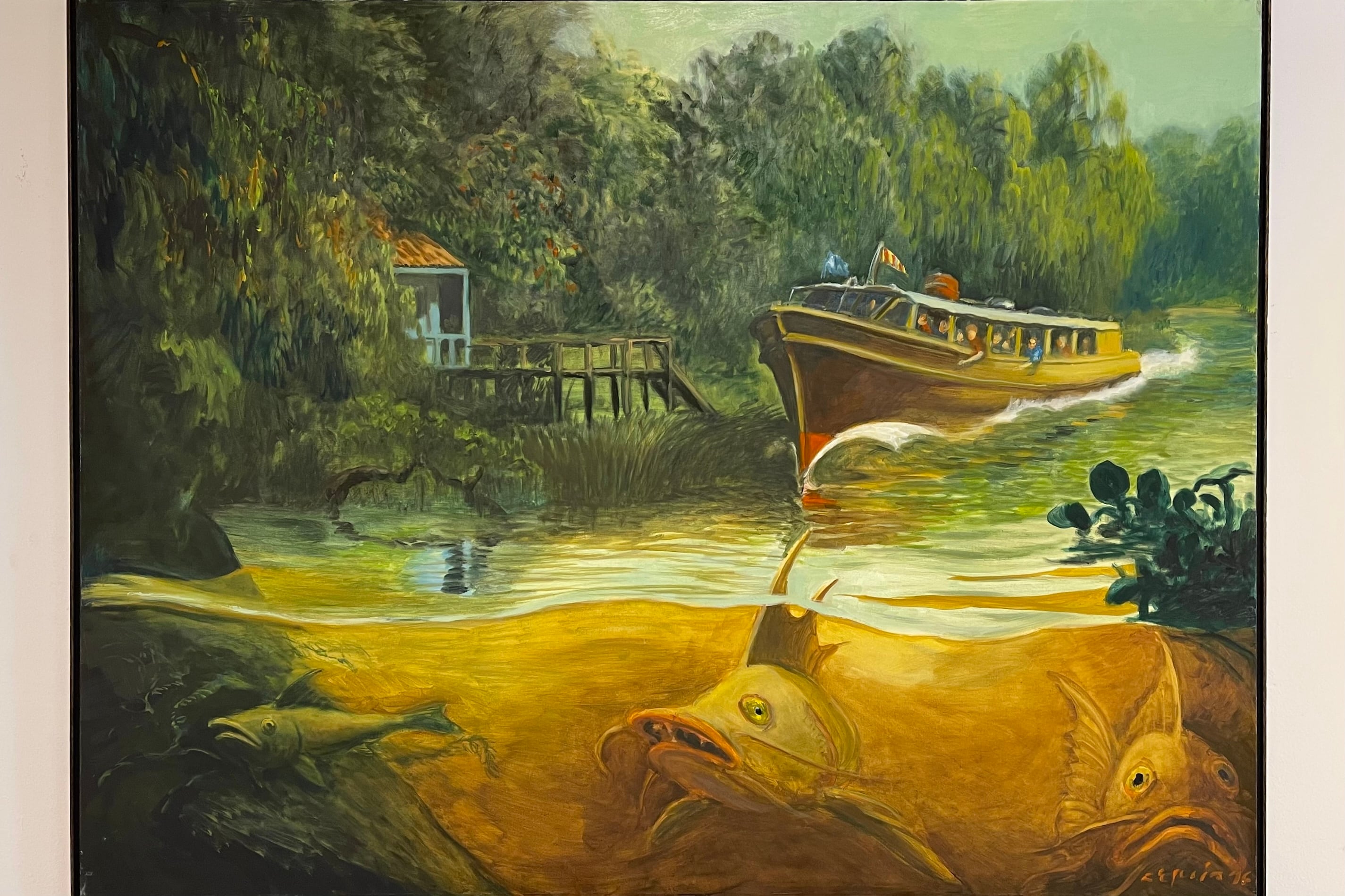 "Colectiva y peces bajo el agua" (1996), óleo de F.Eguía; 100 x 130 cm. Abajo: Otra obra de Fermín Eguía.