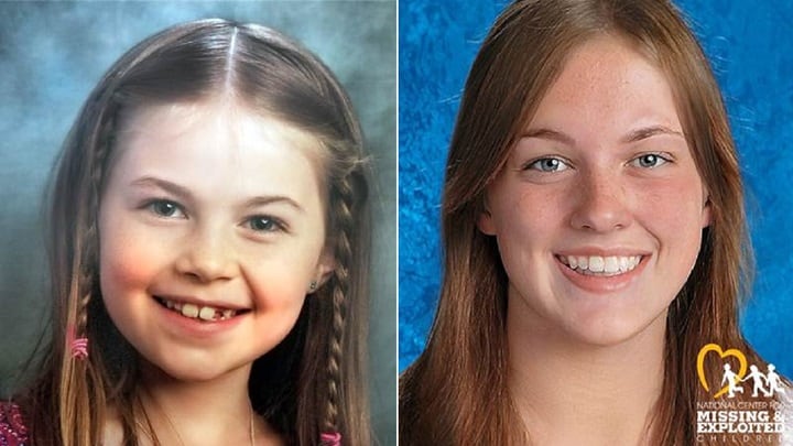 A la izquierda, una imagen de Kayla Unbehaun al momento de su desaparición. A la derecha, una foto creada artificialmente con la cual la buscaban en la actualidad. (Centro Nacional para Niños Desaparecidos y Explotados de Estados Unidos)