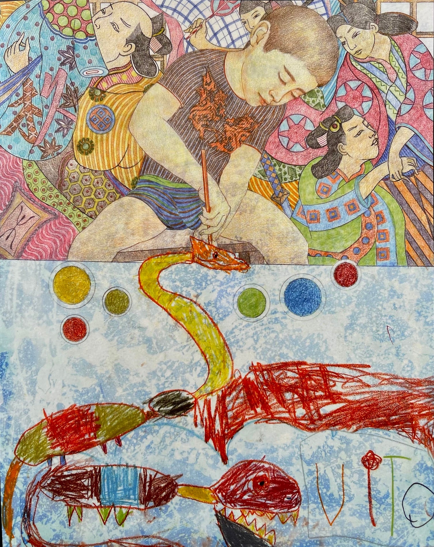 Obra compartida entre Ernesto Pesce y su nieto Vito. Abajo: Obra compartida entre Pesce y "Yuyo" Noé.