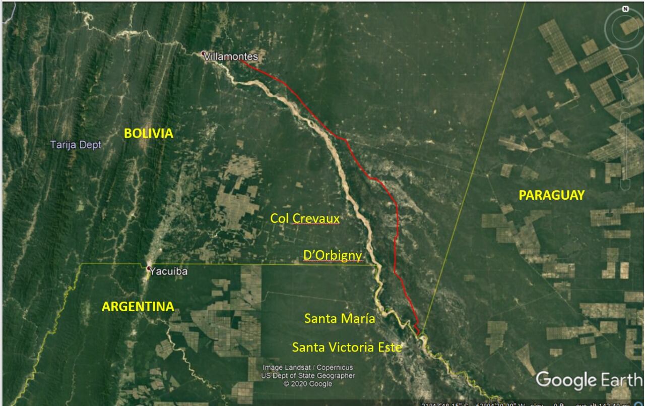 El camino marcado en rojo va a dar a la comunidad San Luis, cruzando el Pilcomayo