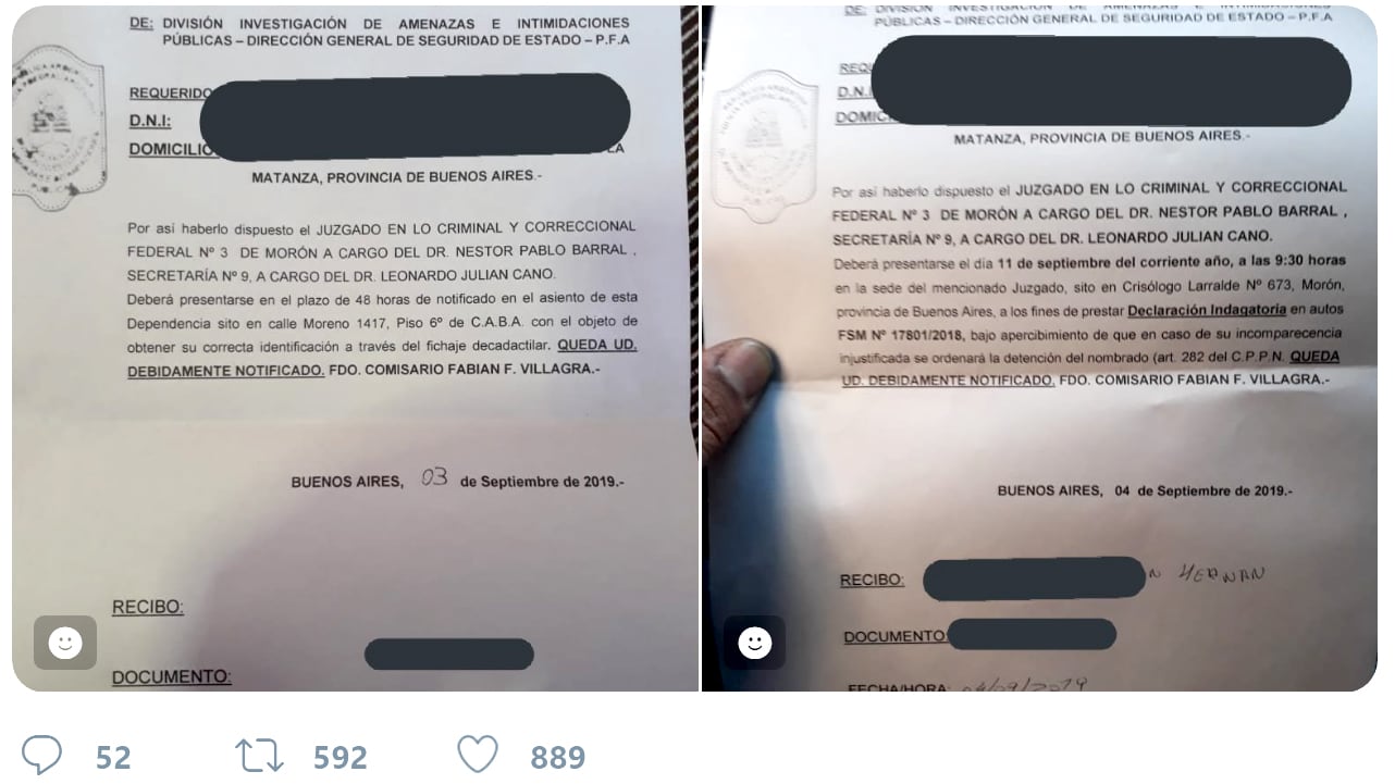 Las citaciones judiciales por la supuesta "amenaza".