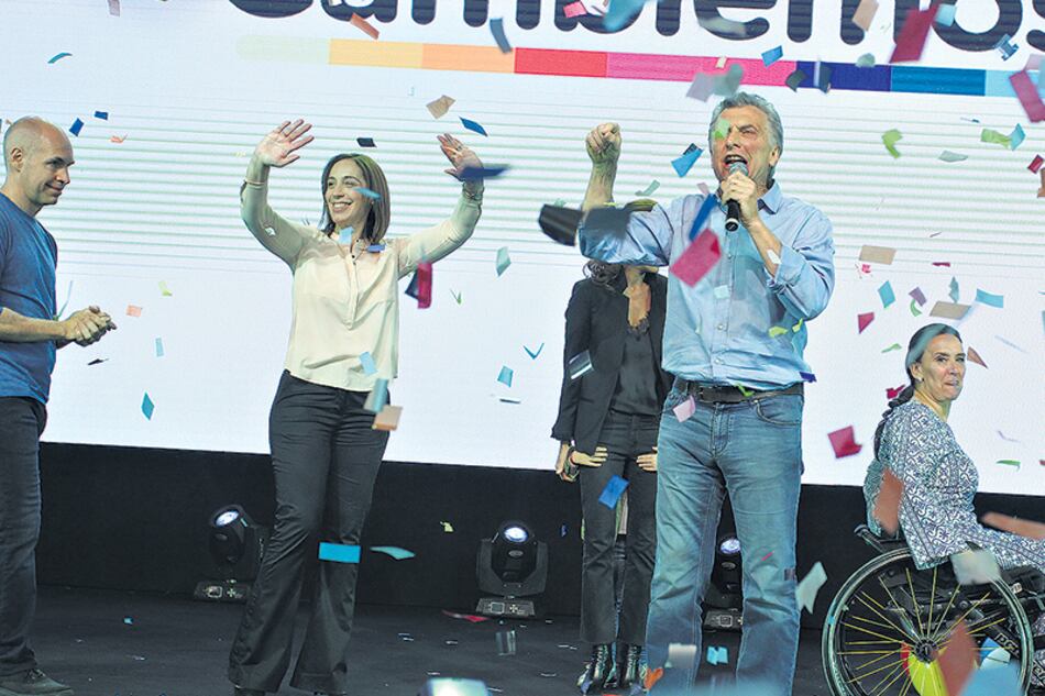 Rodríguez Larreta, Vidal, Macri y Michetti, en pleno festejo en el bunker de Cambiemos en Costa Salguero.