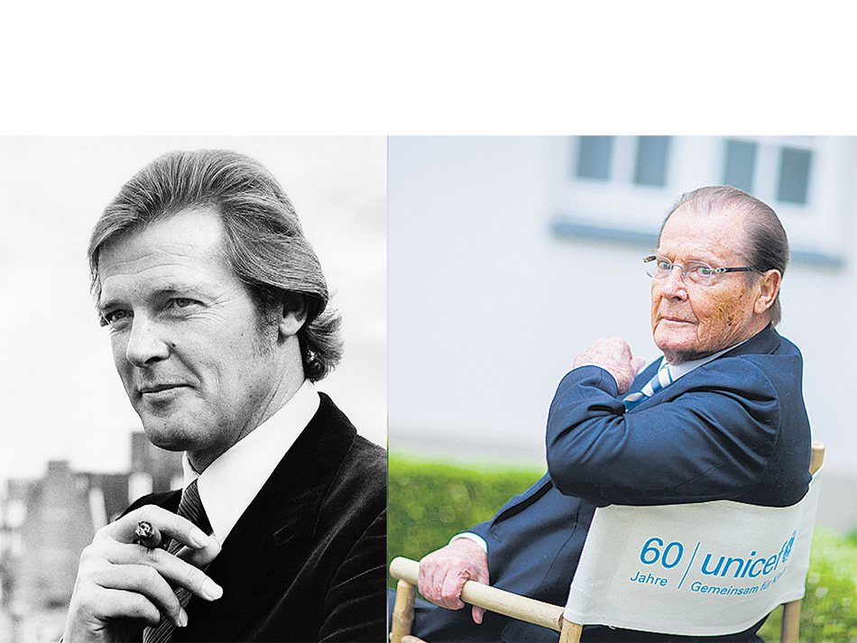 Moore en 1972, cuando se lo anunció como nuevo Bond. El actor en 2013, antes de una conferencia de prensa por sus actividades para Unicef.