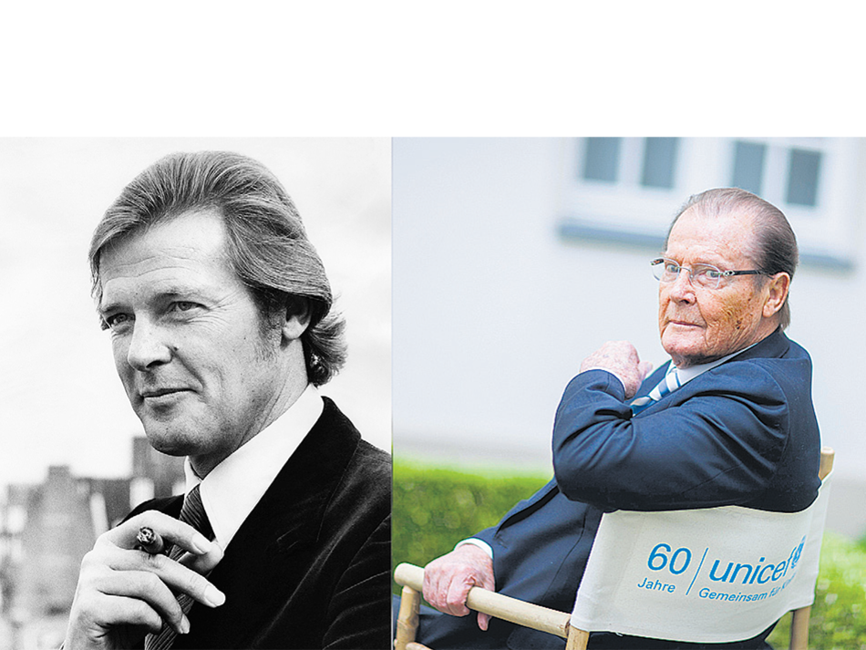 Moore en 1972, cuando se lo anunció como nuevo Bond. El actor en 2013, antes de una conferencia de prensa por sus actividades para Unicef.