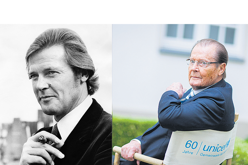 Moore en 1972, cuando se lo anunció como nuevo Bond. El actor en 2013, antes de una conferencia de prensa por sus actividades para Unicef.