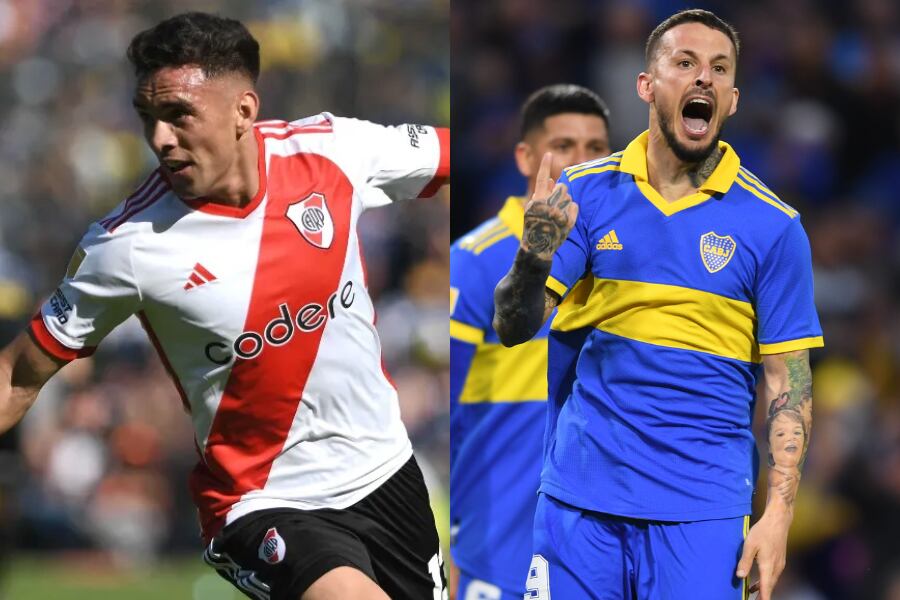 Enzo Díaz y Darío Benedetto tras marcar sus goles en Superclásicos de 2023 y 2022 respectivamente.