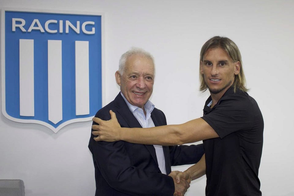 Blanco junto a Sebastián Beccacece durante la presentación del DT en Racing.