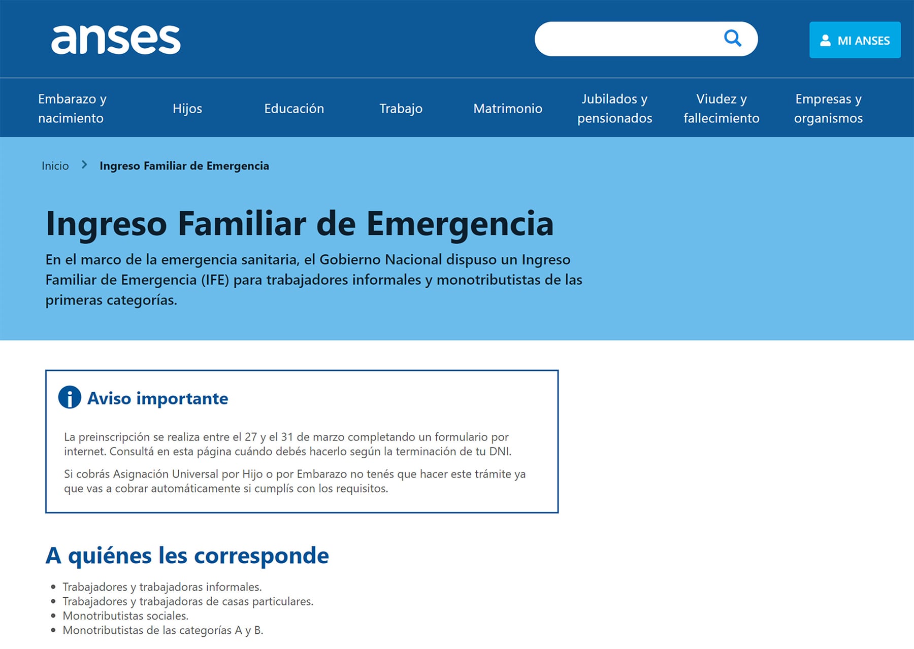 Desde este sábado podrán ingrarse en la web de la ANSES los datos bancarios para cobrar los 10.000 pesos del Ingreso Familiar de Emergencia.