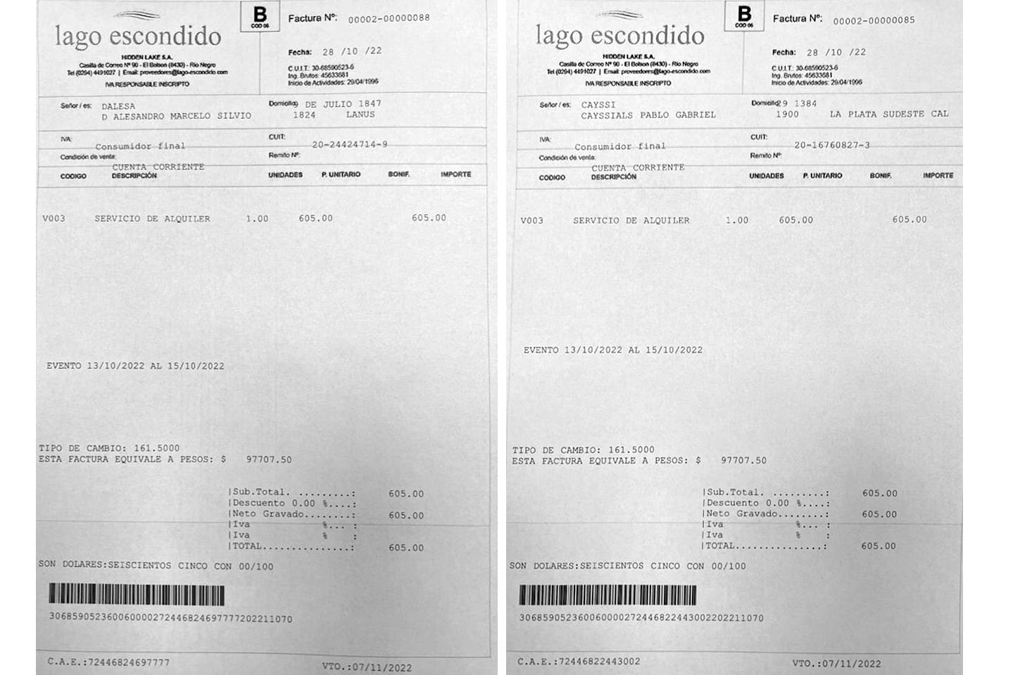 Las facturas de la firma Hidden Lake S.A se emitieron con fecha del 28 de octubre, dos semanas después de la travesía.